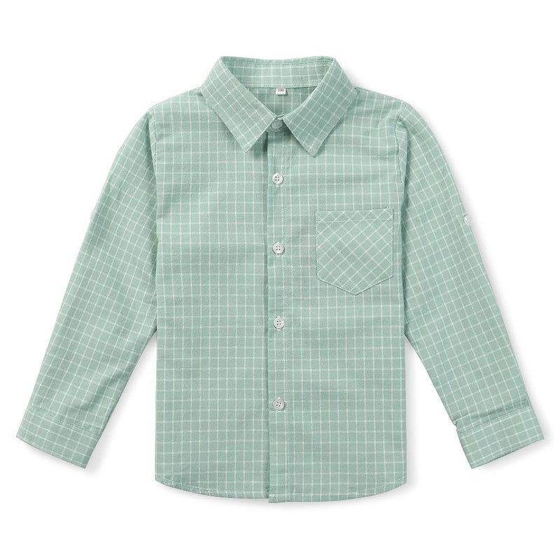 OCHENTA Big Boys Plaid Flannel Button Down Shirt Long Sleeve Casual Dress Tops Green 130CM - 5-6X - Image 2